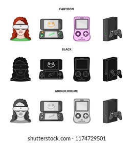 Game console and virtual reality cartoon,black,monochrome icons in set collection for design.Game Gadgets vector symbol stock web illustration.