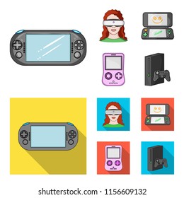 Game console and virtual reality cartoon,flat icons in set collection for design.Game Gadgets vector symbol stock web illustration.