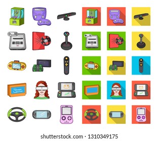 Game console and virtual reality cartoon,flat icons in set collection for design.Game Gadgets vector symbol stock web illustration.