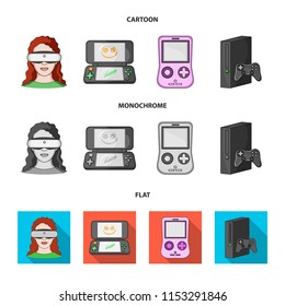 Game console and virtual reality cartoon,flat,monochrome icons in set collection for design.Game Gadgets vector symbol stock web illustration.