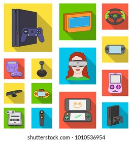 Game console and virtual reality flat icons in set collection for design.Game Gadgets vector symbol stock web illustration.