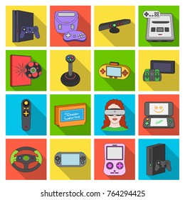Game console and virtual reality flat icons in set collection for design.Game Gadgets vector symbol stock web illustration.