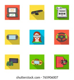 Game console and virtual reality flat icons in set collection for design.Game Gadgets vector symbol stock web illustration.