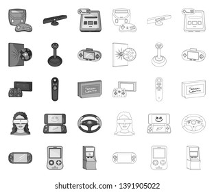 Game console and virtual reality mono,outline icons in set collection for design.Game Gadgets vector symbol stock web illustration.