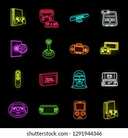 Game console and virtual reality neon icons in set collection for design.Game Gadgets vector symbol stock web illustration.