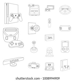Game console and virtual reality outline icons in set collection for design.Game Gadgets vector symbol stock web illustration.