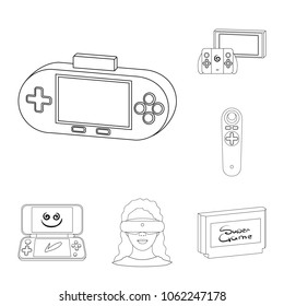 Game console and virtual reality outline icons in set collection for design.Game Gadgets vector symbol stock web illustration.