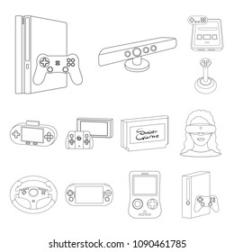 Game console and virtual reality outline icons in set collection for design.Game Gadgets vector symbol stock web illustration.