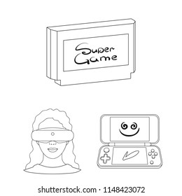Game console and virtual reality outline icons in set collection for design.Game Gadgets vector symbol stock web illustration.