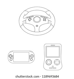 Game console and virtual reality outline icons in set collection for design.Game Gadgets vector symbol stock web illustration.