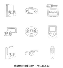 Game console and virtual reality outline icons in set collection for design.Game Gadgets vector symbol stock web illustration.