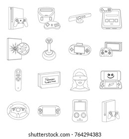 Game console and virtual reality outline icons in set collection for design.Game Gadgets vector symbol stock web illustration.