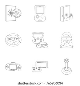 Game console and virtual reality outline icons in set collection for design.Game Gadgets vector symbol stock web illustration.