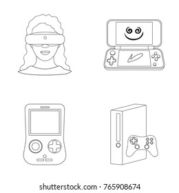 Game console and virtual reality outline icons in set collection for design.Game Gadgets vector symbol stock web illustration.