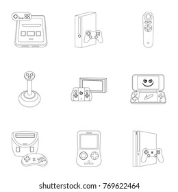 Game console and virtual reality outline icons in set collection for design.Game Gadgets vector symbol stock web illustration.