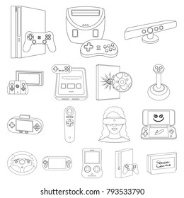 Game console and virtual reality outline icons in set collection for design.Game Gadgets vector symbol stock web illustration.