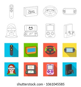 Game console and virtual reality outline,flet icons in set collection for design.Game Gadgets vector symbol stock web illustration.
