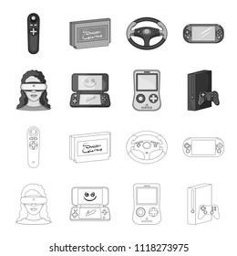 Game console and virtual reality outline,monochrome icons in set collection for design.Game Gadgets vector symbol stock web illustration.