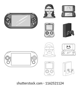 Game console and virtual reality outline,monochrome icons in set collection for design.Game Gadgets vector symbol stock web illustration.