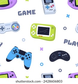 Game consoles, joysticks, seamless pattern design. 90s gamepads, play stations, controllers, endless background, repeating print in retro style. Printable flat vector illustration for textile