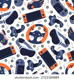 Spielkonsolen und Joysticks nahtloses Muster. Videospiele-Controller. Gamer Gadgets. Lenkrad. Wiederholter Druck. Cybersport-Gamepads. Arcade Joypads. Funk-Handschuhe. Vektorhintergrund