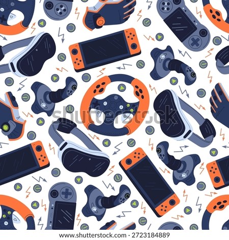 Game consoles and joysticks seamless pattern. Video gaming controllers. Gamers gadgets. Steering wheel. Repeated print. Cybersport gamepads. Arcade joypads. Wireless control gloves. Vector background