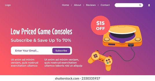 Game consoles at low price, subscribe and save up to seventy percent. Get fifteen off cost, shop or store with everything for playing. Website landing page, internet page template. Vector in flat 