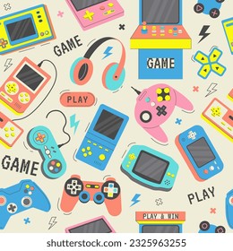 Game consoles pattern. Gadgets for playing video games recent vector seamless background