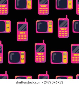 Game consoles seamless pattern. Vintage retro electronic devices. Mobile phone, portable music player, games. Gamepad consoles in retro style. Vector illustration isolated on background