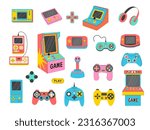 Game consoles. Vintage retro gadgets for kids pleasure relax time gaming stuff recent vector stylized pictures set of gadget for gaming entertainment, control gamepad illustration