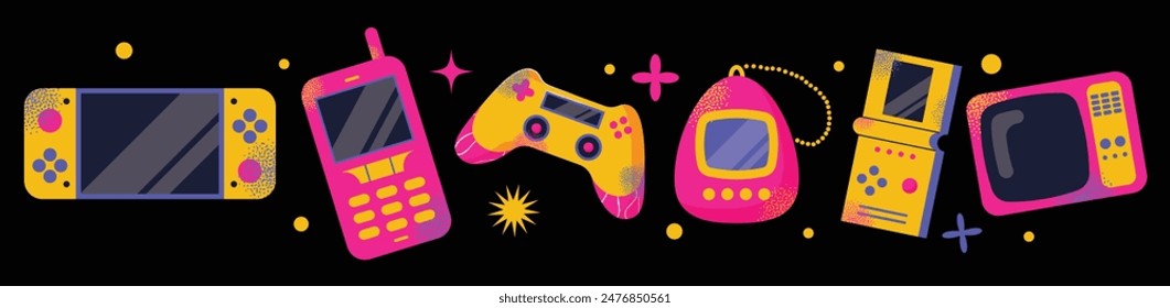 Game consoles. Vintage retro gadgets electronic devices. Mobile phone, portable music player, games. Gamepad consoles for nerd vintage assets in retro style. Vector illustration isolated on background