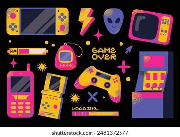 Game consoles. Vintage retro gadgets electronic devices. Mobile phone, portable music player, games. Gamepad consoles for nerd vintage assets in retro style. Vector illustration isolated on background