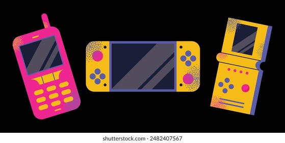 Consolas de juegos. Antiguas retro gadgets dispositivos electrónicos. Teléfono móvil, reproductor de música portátil, juegos. Consolas Gamepad para activos vintage nerd en estilo retro. Ilustración vectorial aislada en el fondo