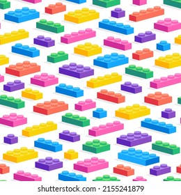 Game constructor pattern. Seamless print of colorful cartoon children plastic block game, geometric brick toy. Vector texture of plastic background game, pattern isometry backdrop illustration