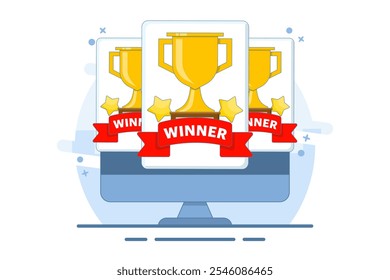 game contest concept or online winning competition. winner trophy on mobile phone, flat cartoon champion prize or achievement on mobile phone screen. Flat vector illustration on background.