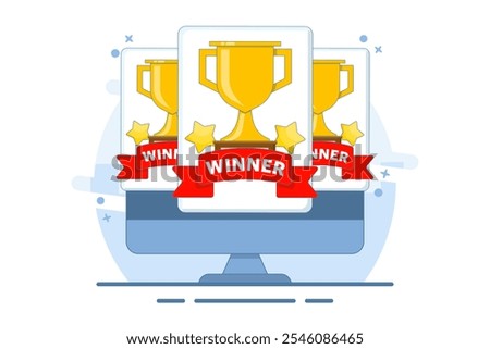 game contest concept or online winning competition. winner trophy on mobile phone, flat cartoon champion prize or achievement on mobile phone screen. Flat vector illustration on background.