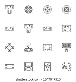 Game control line icons set, outline vector symbol collection, linear style pictogram pack. Signs, logo illustration. Set includes icons as console game controller, gamepad buttons, handheld gaming