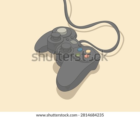 Game Controller 3D Illustration Wired Video Game Console Joystick. Game controller 3D illustration featuring a wired video game joystick with analog sticks, colorful buttons, and modern console gaming