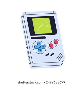 Game controller, 90s mobile gamepad. Retro nostalgic 1990s gaming console with screen. Portable gaming device with buttons and display of 90s. Flat vector illustration isolated on white background.