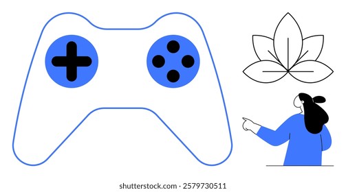 Game controller with blue buttons and black symbols, leaf design resembling a lotus, and a person with black hair in blue attire pointing. Ideal for gaming, technology, digital design, education