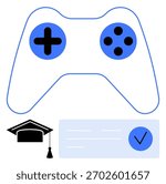 Game controller with blue buttons, graduation cap with tassel, and certificate with checkmark. Ideal for e-learning, educational software, gamification, student rewards, interactive learning, online