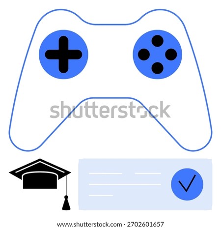 Game controller with blue buttons, graduation cap with tassel, and certificate with checkmark. Ideal for e-learning, educational software, gamification, student rewards, interactive learning, online