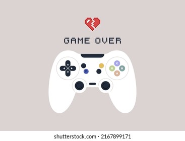 A game controller with colorful buttons, an 8-bit broken heart, and a game over sign, a failure concept