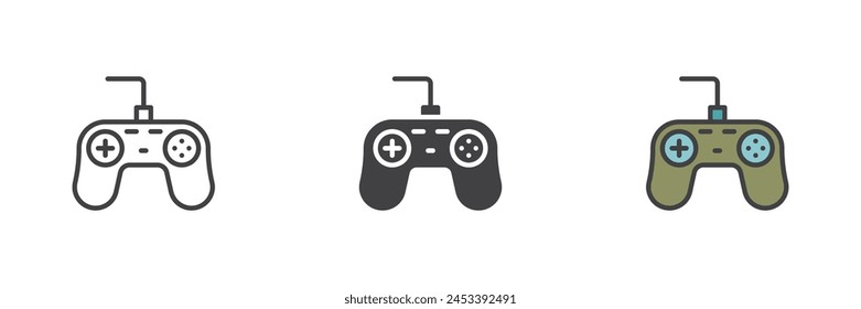 Game controller different style icon set. Line, glyph and filled outline colorful version, outline and filled vector sign. Console game joystick symbol, logo illustration. Vector graphics