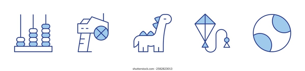 game controller, dinosaur, ball, kid, kite. Toys Icon vector illustration. Line Duotone style. Editable stroke.