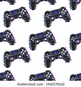 Game controller, gamepad with sticks and buttons, game controller seamless background. With a digital effect. With an interference effect.