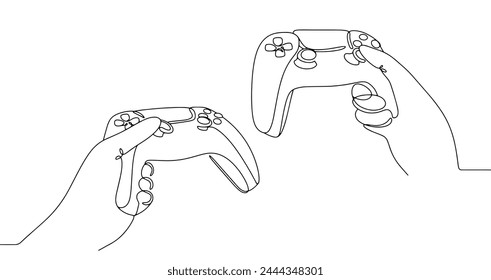 Game controller in hand. A man plays video games. Isolated vector on white background.