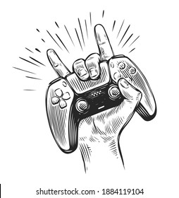 Game controller in hand. Video gamepad sketch vector illustration