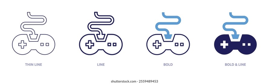 Game controller icon in 4 different styles. Thin Line, Line, Bold, and Bold Line. Duotone style. Editable stroke.