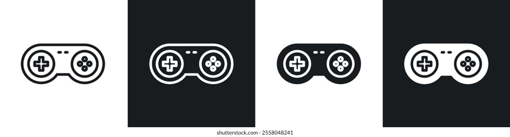 Game controller icons pack in black and white filled and outlined versions.